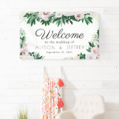 水彩フローラホワイトグリーン結婚ズウェルカム 横断幕 (インサイチュ)