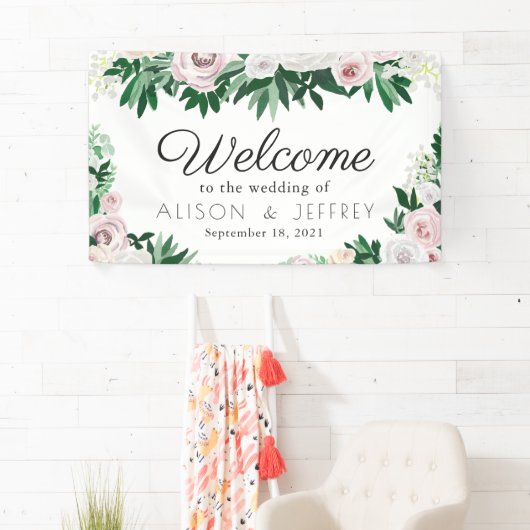 水彩フローラホワイトグリーン結婚ズウェルカム 横断幕 (インサイチュ)