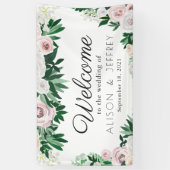 水彩フローラホワイトグリーン結婚ズウェルカム 横断幕 (縦)