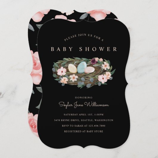 水彩フローラボヘミアンバードズネストベビーシャワー 招待状 (正面/裏面)