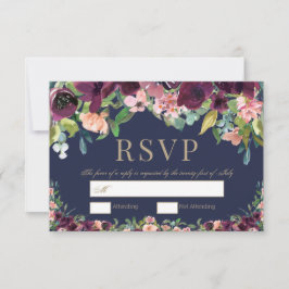 水彩フローラボホネイビーウェディングRSVP 出欠カード