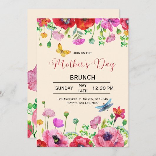 水彩フローラマザーズデイブランチ招待状 招待状 (正面/裏面)