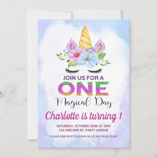 水彩フローラマジカルユニコーン1st誕生日 招待状 (正面)
