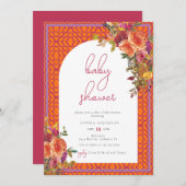 水彩フローラマゼンタ明るい赤紫色ベビーシャワー 招待状 (正面/裏面)