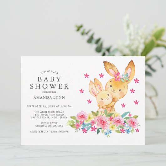 水彩フローラママベビーバニーベビーガールシャワー 招待状 (スタンド正面)