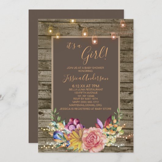 水彩フローラメイスンジャイルライトベビーシャワー 招待状 (正面/裏面)