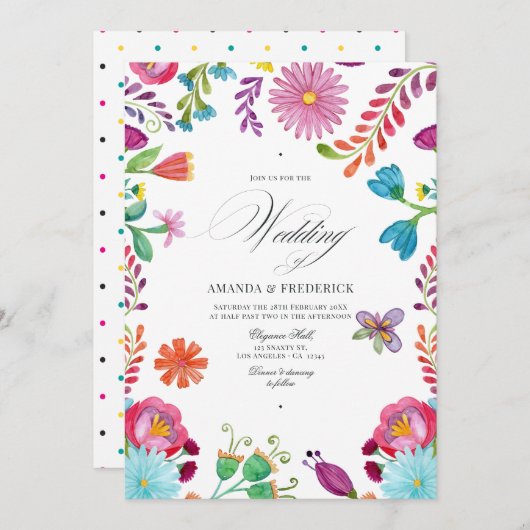 水彩フローラメキシカンフィエスタQRコード結婚ズ 招待状 (正面/裏面)