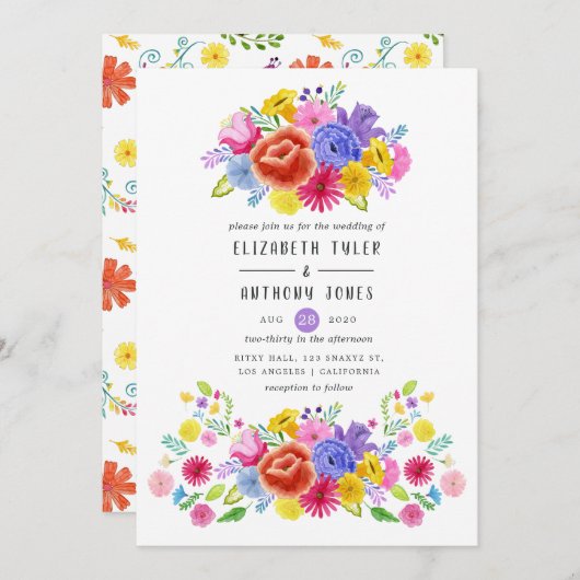 水彩フローラメキシカン結婚フィエスタ 招待状 (正面/裏面)