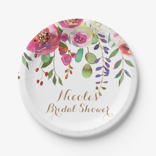 水彩フローラモダンカラフル結婚花 ペーパープレート (正面)