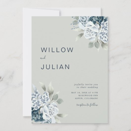 水彩フローラモダンセージ結婚グリーン 招待状 (正面)