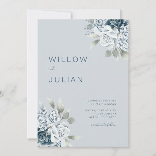 水彩フローラモダンダスティブルー結婚ズ 招待状 (正面)