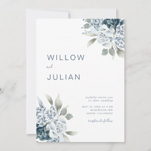 水彩フローラモダンダスティブルー結婚ズ 招待状 (正面)