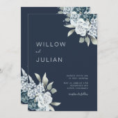 水彩フローラモダンネイビーブルー結婚ズ 招待状 (正面/裏面)