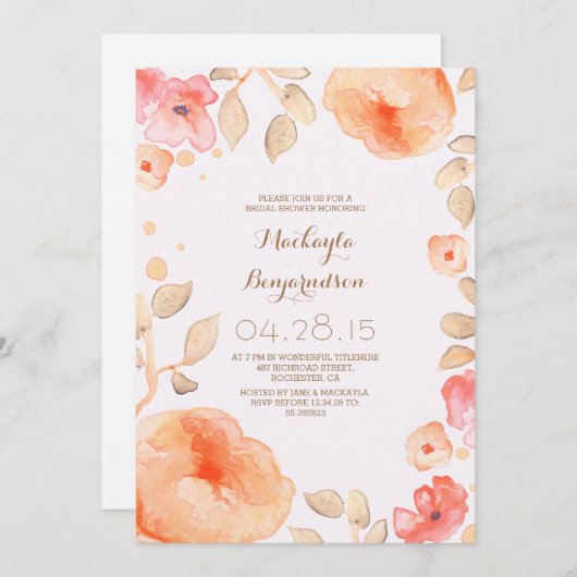 水彩フローラモダンブライダルシャワー 招待状 (正面/裏面)