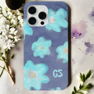 水彩フローラモノグラムかわいい青い野花 iPhone 15 PRO MAXケース