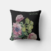 水彩フローラモノグラムブラックグリーン赤面ピンク クッション (正面)