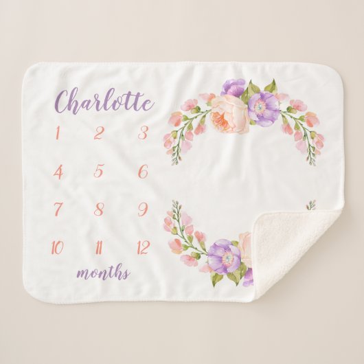 水彩フローラモノグラムベビーマイルストーンフォト シェルパブランケット (正面(横))