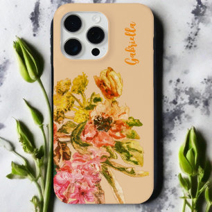 水彩フローラモノグラムボホ赤面ピンクピーチ iPhone 15 PRO MAXケース