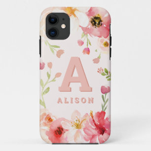 水彩フローラモノグラム+名前のパーソナライズ iPhone 11 ケース