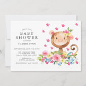 水彩フローラモンキーベビーガールシャワー 招待状 (正面)