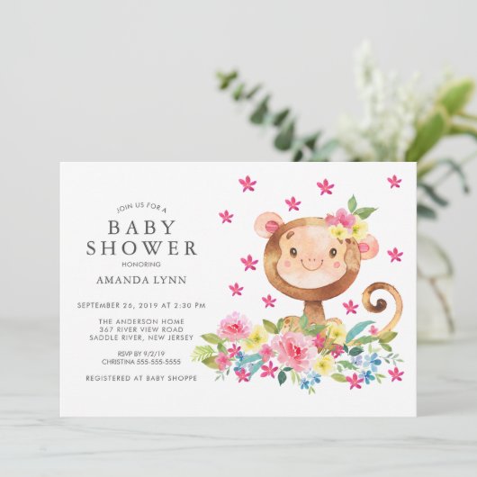 水彩フローラモンキーベビーガールシャワー 招待状 (スタンド正面)