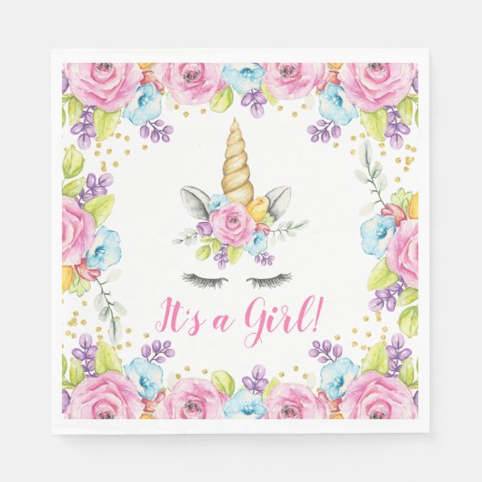 水彩フローラユニコーン女の子ベビーシャワー スタンダードランチョンナプキン (正面)