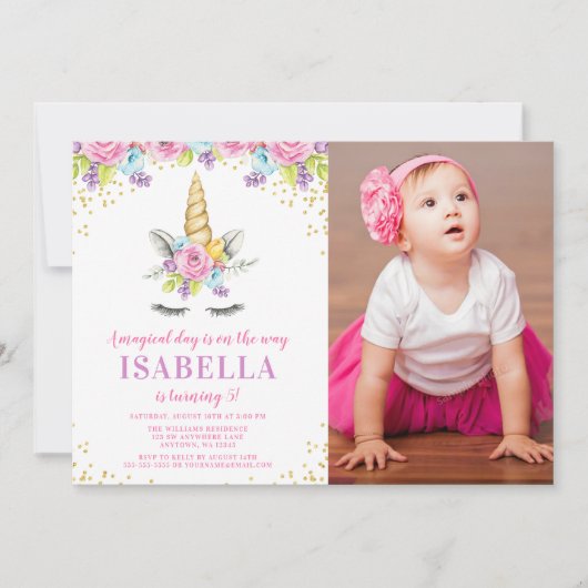 水彩フローラユニコーン誕生日写真招待状 招待状 (正面)