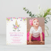 水彩フローラユニコーン誕生日写真招待状 招待状 (スタンド正面)