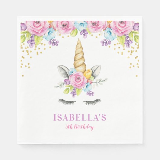 水彩フローラユニコーン誕生日 スタンダードランチョンナプキン (正面)