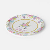 水彩フローラユニコーン誕生日 ペーパープレート (アングル)