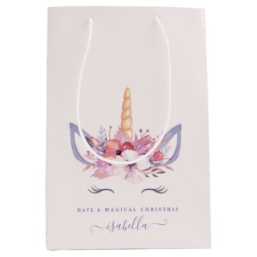 水彩フローラユニコーン顔クリスマス ミディアムペーパーバッグ (正面)