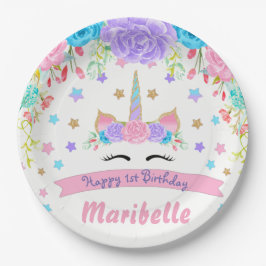 水彩フローラユニコーン顔誕生日パーティー ペーパープレート