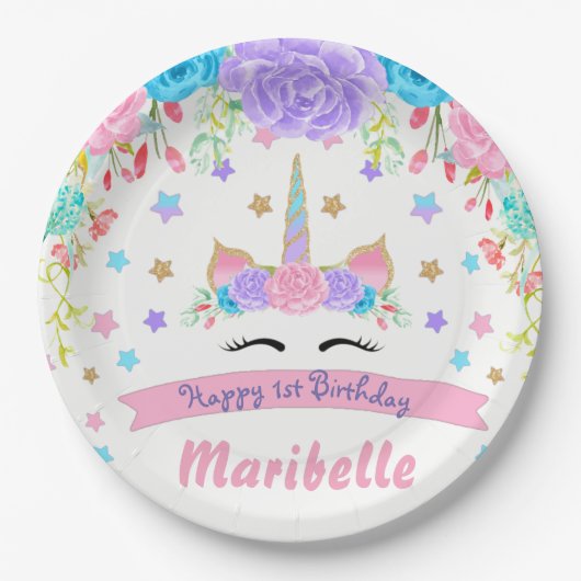 水彩フローラユニコーン顔誕生日パーティー ペーパープレート (正面)