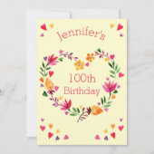水彩フローララブハートリース100th誕生日 招待状 (正面)