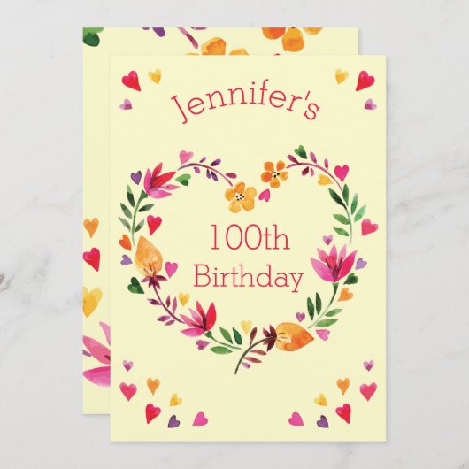 水彩フローララブハートリース100th誕生日 招待状 (正面/裏面)
