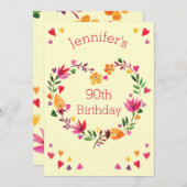 水彩フローララブハートリース90th誕生日 招待状 (正面/裏面)