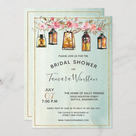 水彩フローラランタンバラ金ゴールドブライダルシャワー 招待状 (正面/裏面)