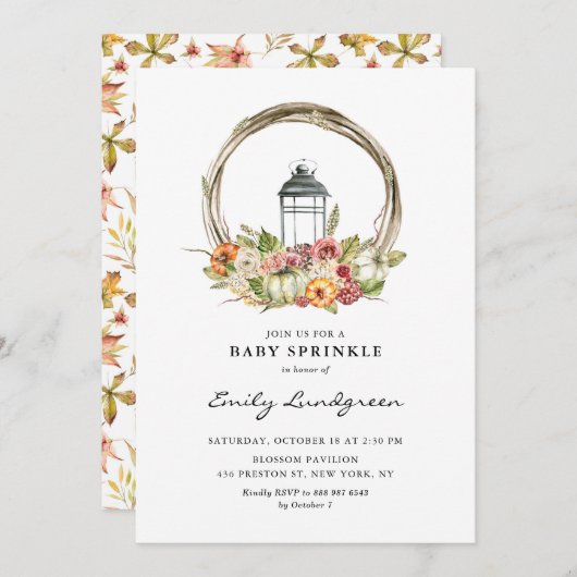 水彩フローラランタンリースベビー散布機 招待状 (正面/裏面)