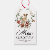 水彩フローラリースと犬メリークリスマス ギフトタグ (正面)