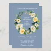 水彩フローラリースイエローダスティブルー結婚ズ 招待状 (正面/裏面)