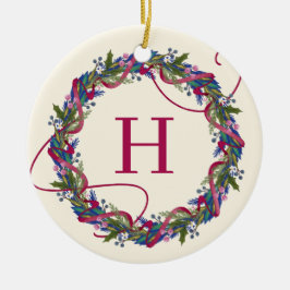 水彩フローラリースイニシャルクリスマス セラミックオーナメント