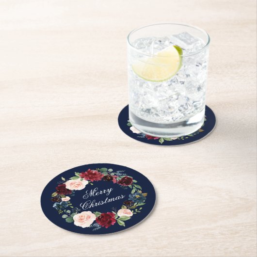 水彩フローラリースエレガントメリークリスマス ラウンドペーパーコースター (インサイチュ)