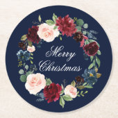 水彩フローラリースエレガントメリークリスマス ラウンドペーパーコースター (正面)