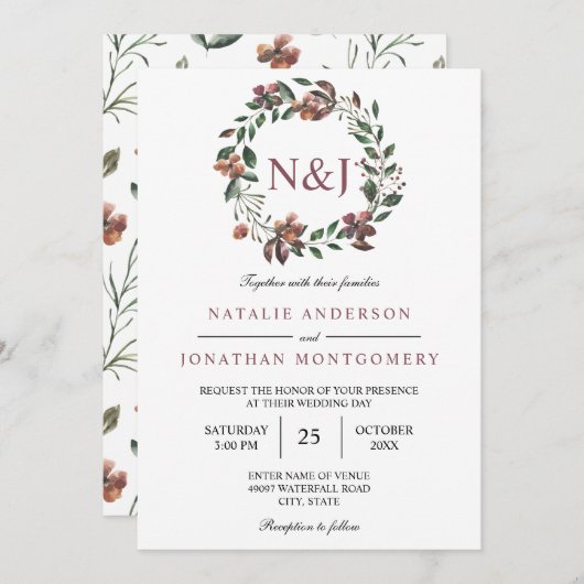 水彩フローラリースエレガント花 招待状 (正面/裏面)