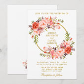 水彩フローラリースコーラル金ゴールド結婚ズ 招待状 (正面/裏面)