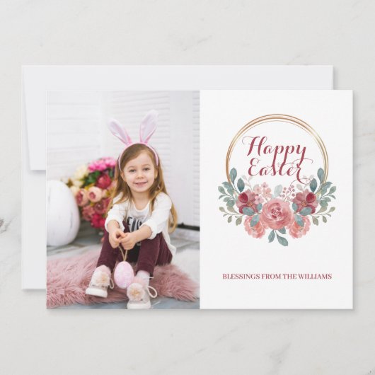 水彩フローラリースハッピーイースター写真 シーズンカード (正面)
