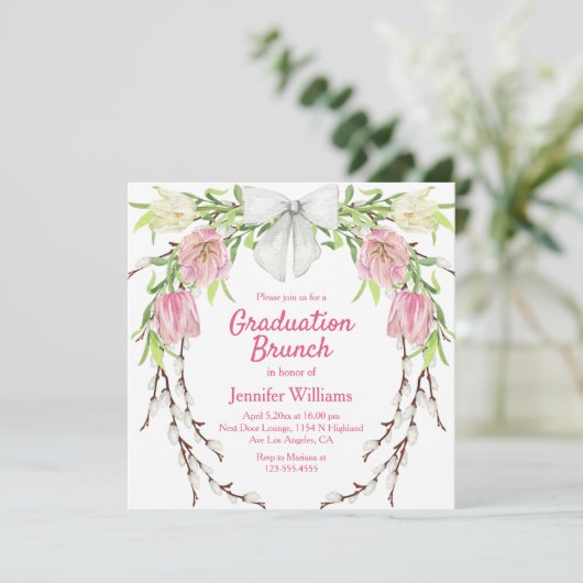 水彩フローラリースピンクの卒業式ブランチ 招待状 (スタンド正面)