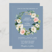 水彩フローラリースピンクダスティブルー結婚ズ 招待状 (正面/裏面)