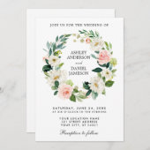 水彩フローラリースピンクホワイト結婚ズ 招待状 (正面/裏面)