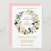 水彩フローラリースピンクホワイト金ゴールド結婚ズP 招待状 (正面/裏面)